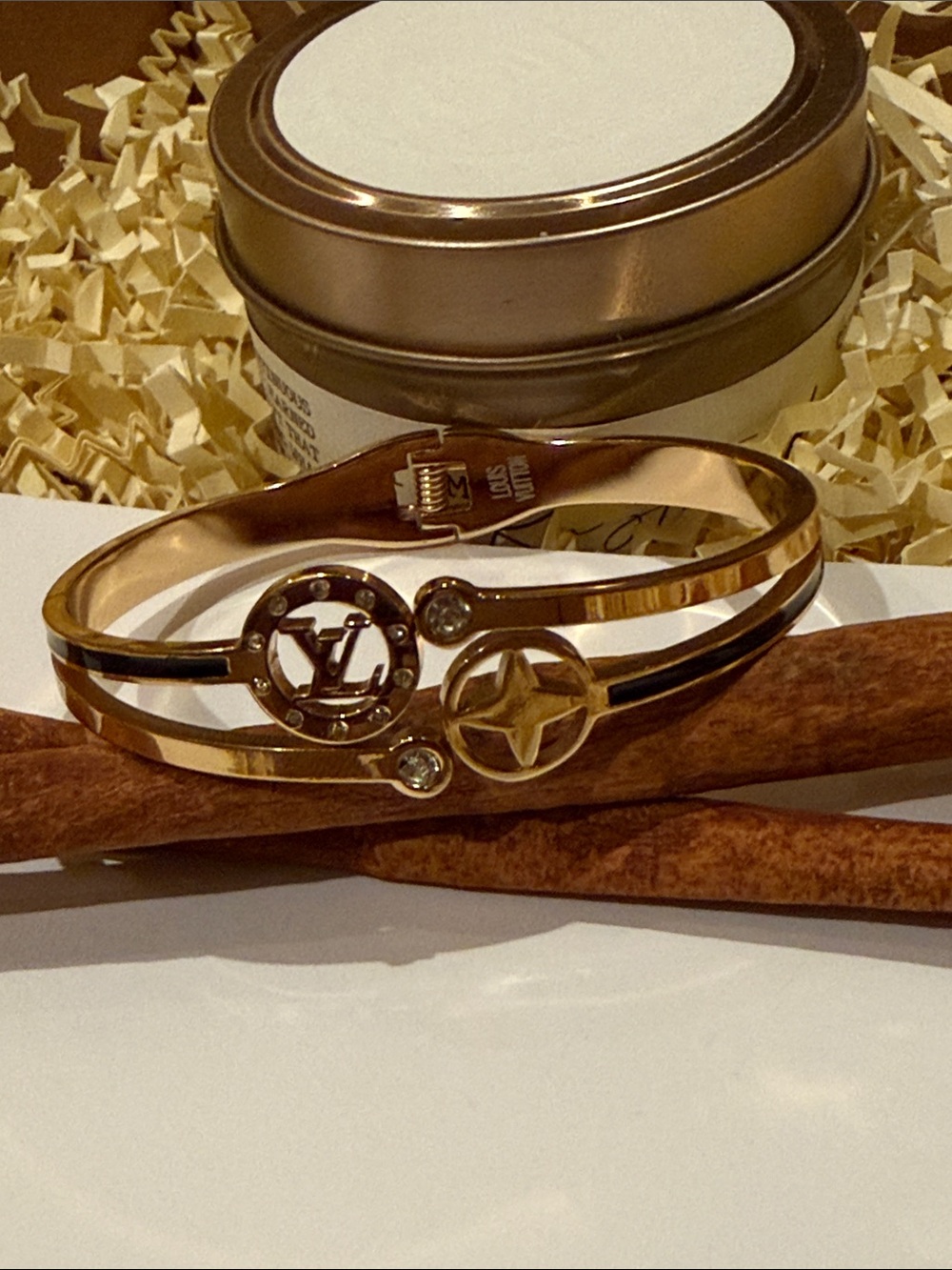 Gold-Tone Double Band Logo Bracelet/Bangle with Crystal Accents